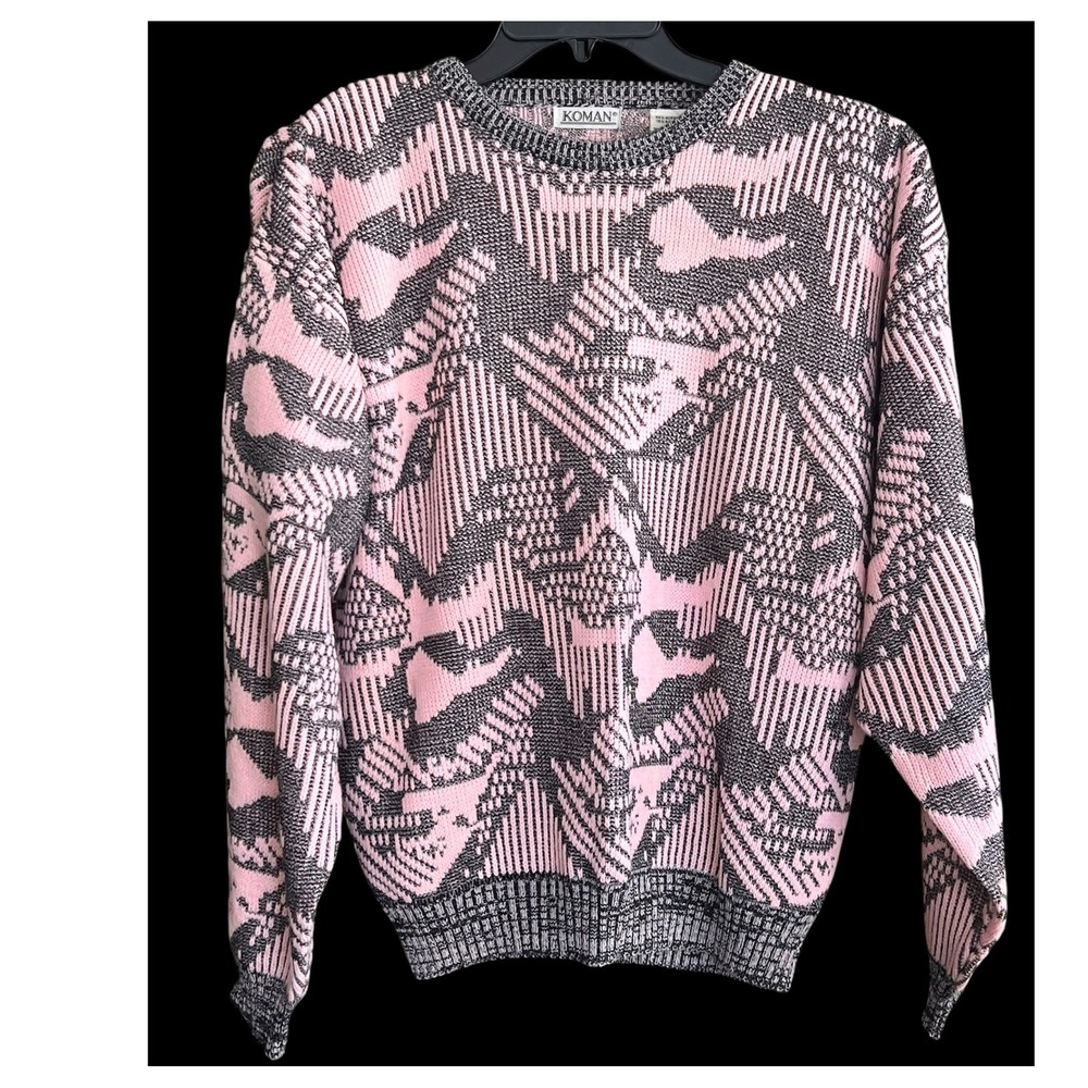 Vintage Koman Grandma XL Pink Grey Abstract Crewneck Pullover Preppy Sweater